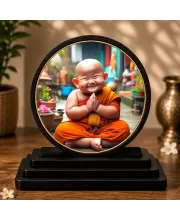 Premium Wooden  Laughing Monk Showpiece For Car Dashboard & Office Table | 4 X 4.5 Inch Sublimation Printed Decorative Stand | 4 Mm MDF | Home Decor | Made In India (F33464)