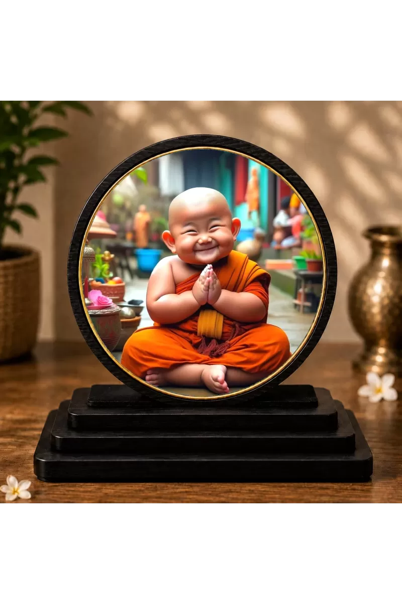 Premium Wooden  Laughing Monk Showpiece For Car Dashboard & Office Table | 4 X 4.5 Inch Sublimation Printed Decorative Stand | 4 Mm MDF | Home Decor | Made In India (F33464)