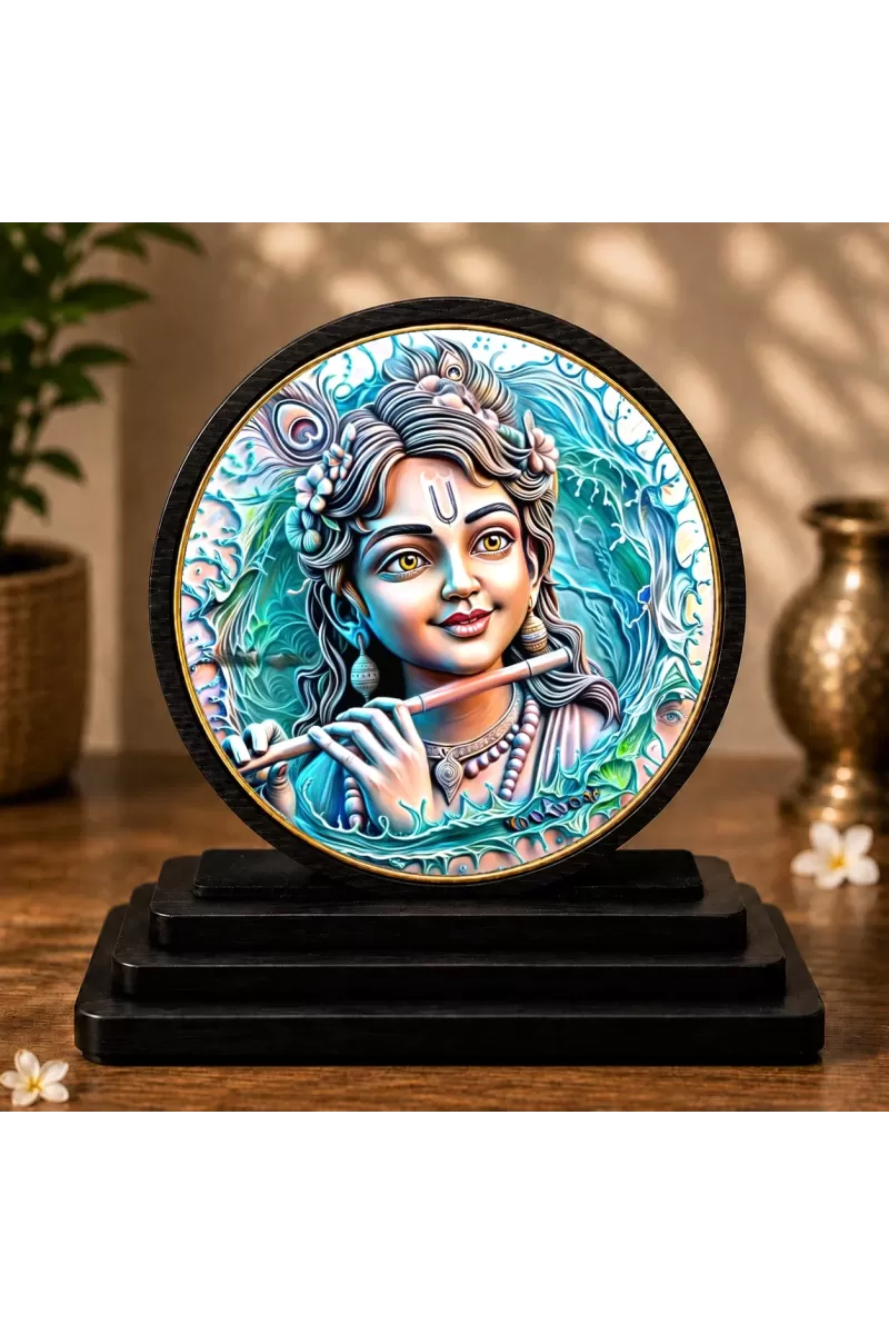 Premium Wooden Lord Krishna Showpiece For Car Dashboard & Office Table | 4 X 4.5 Inch Sublimation Printed Decorative Stand | 4 Mm MDF | Home Decor | Made In India (F33465)
