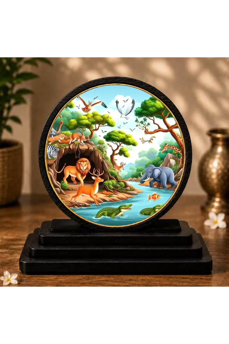 Premium Wooden Vibrant Jungle Scene Showpiece For Car Dashboard & Office Table | 4 X 4.5 Inch Sublimation Printed Decorative Stand | 4 Mm MDF | Home Decor | Made In India (F33467)