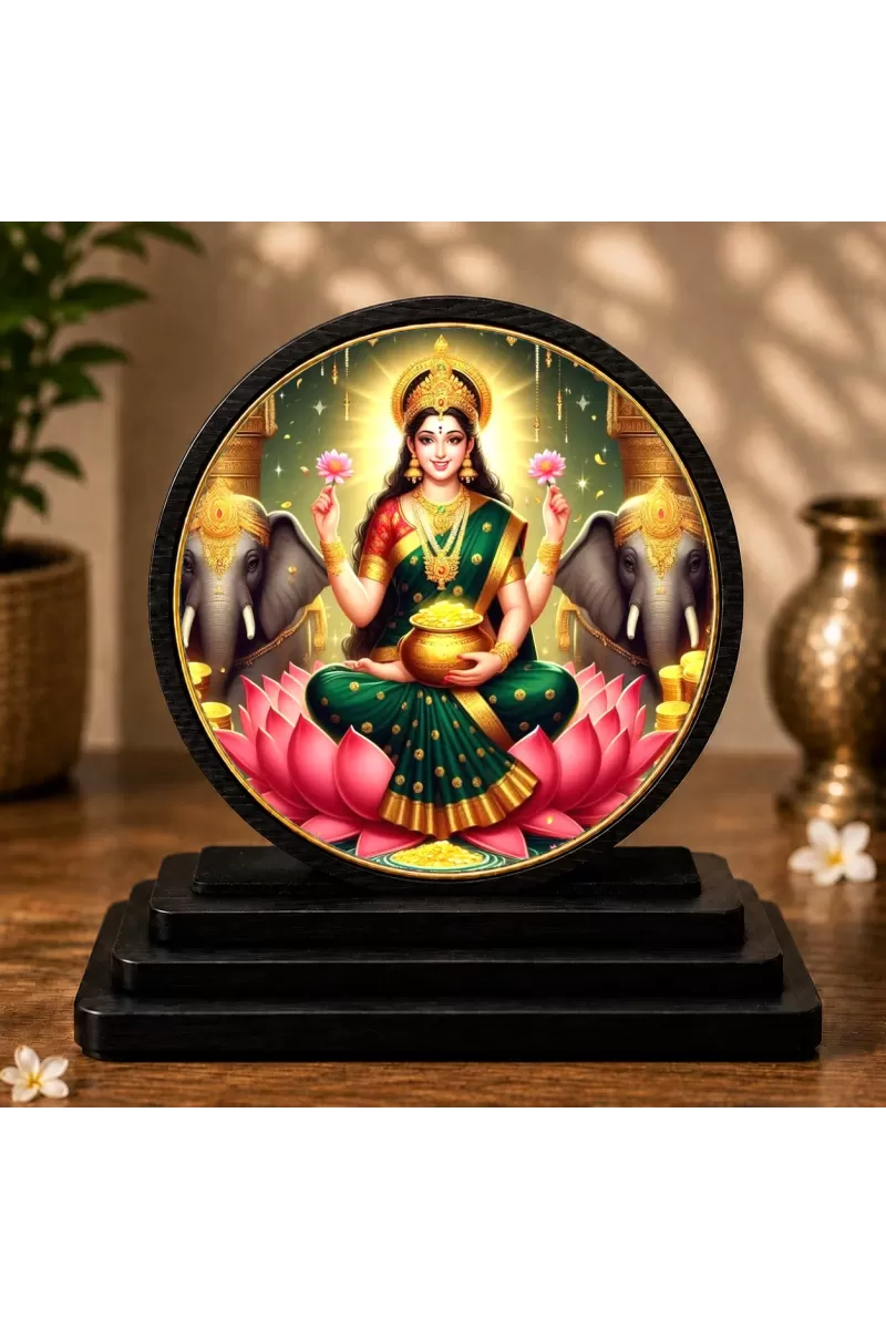 Premium Wooden Goddess Laxmi  Showpiece For Car Dashboard & Office Table | 4 X 4.5 Inch Sublimation Printed Decorative Stand | 4 Mm MDF | Home Decor | Made In India (F33470)