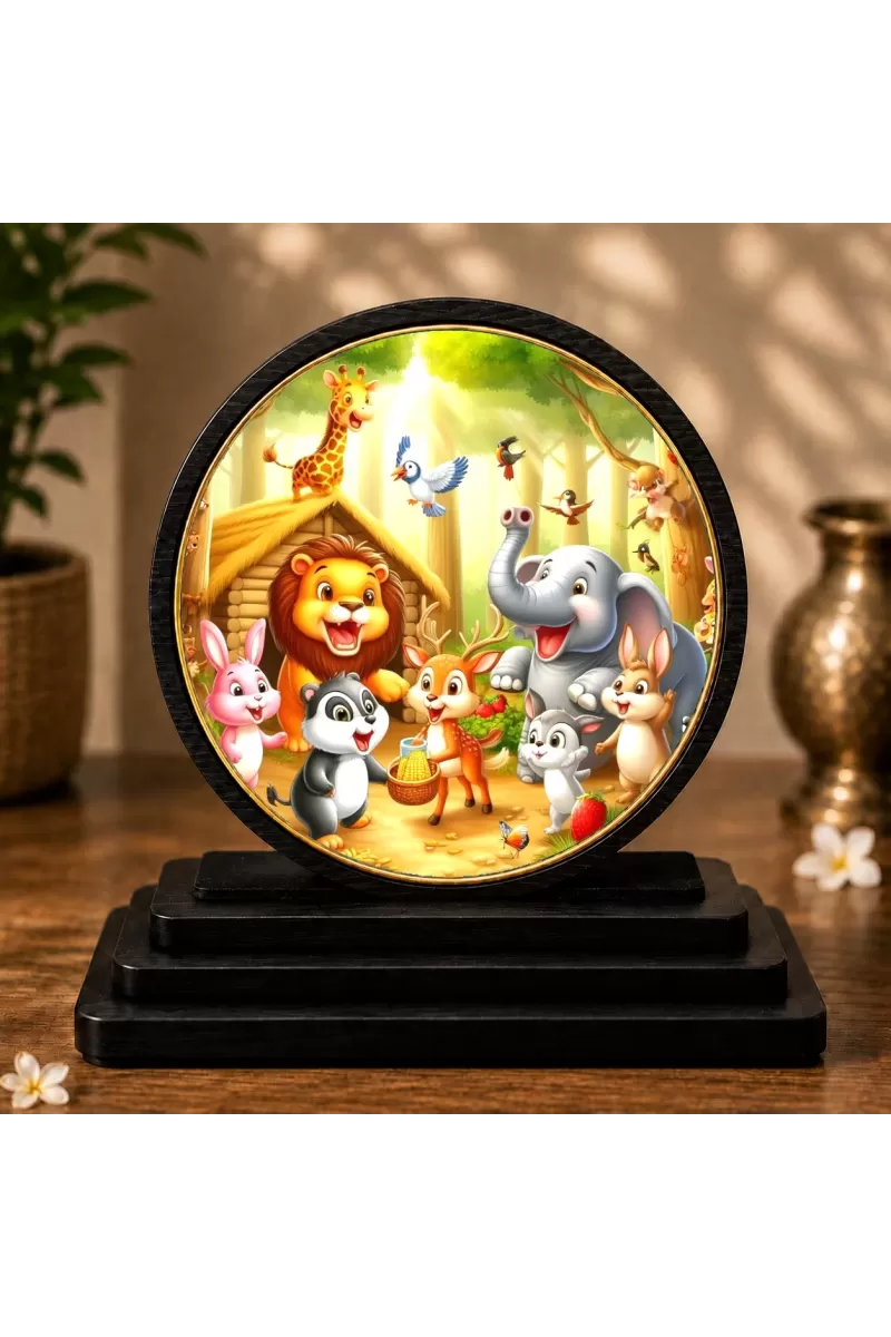 Premium Wooden Safari Jungle Animal Showpiece For Car Dashboard & Office Table | 4 X 4.5 Inch Sublimation Printed Decorative Stand | 4 Mm MDF | Home Decor | Made In India (F33471)