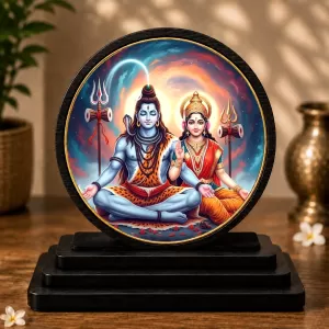 Premium Wooden  Lord Shiva And Parvati Showpiece For Car Dashboard & Office Table | 4 X 4.5 Inch Sublimation Printed Decorative Stand | 4 Mm MDF | Home Decor | Made In India (F33477)