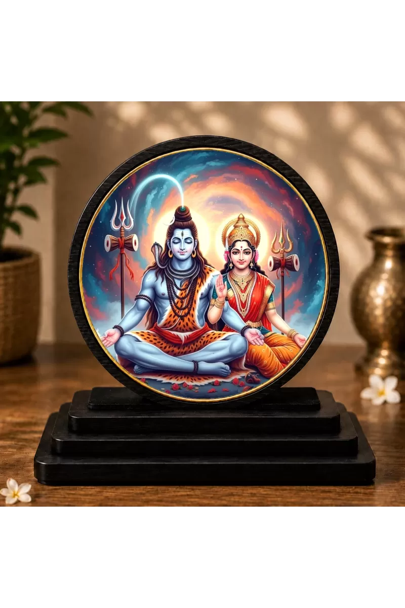 Premium Wooden  Lord Shiva And Parvati Showpiece For Car Dashboard & Office Table | 4 X 4.5 Inch Sublimation Printed Decorative Stand | 4 Mm MDF | Home Decor | Made In India (F33477)