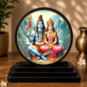 Premium Wooden  Lord Shiva And Parvati Showpiece For Car Dashboard & Office Table | 4 X 4.5 Inch Sublimation Printed Decorative Stand | 4 Mm MDF | Home Decor | Made In India (F33478)