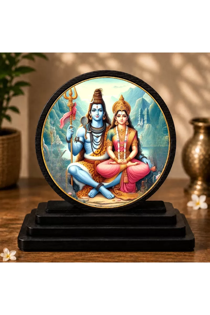 Premium Wooden  Lord Shiva And Parvati Showpiece For Car Dashboard & Office Table | 4 X 4.5 Inch Sublimation Printed Decorative Stand | 4 Mm MDF | Home Decor | Made In India (F33478)