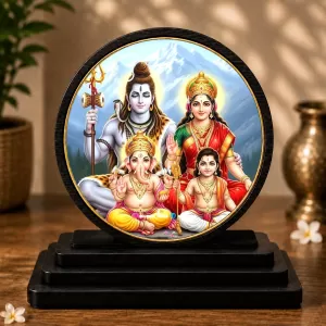 Premium Wooden Shiv Parivar Showpiece For Car Dashboard & Office Table | 4 X 4.5 Inch Sublimation Printed Decorative Stand | 4 Mm MDF | Home Decor | Made In India (F33479)