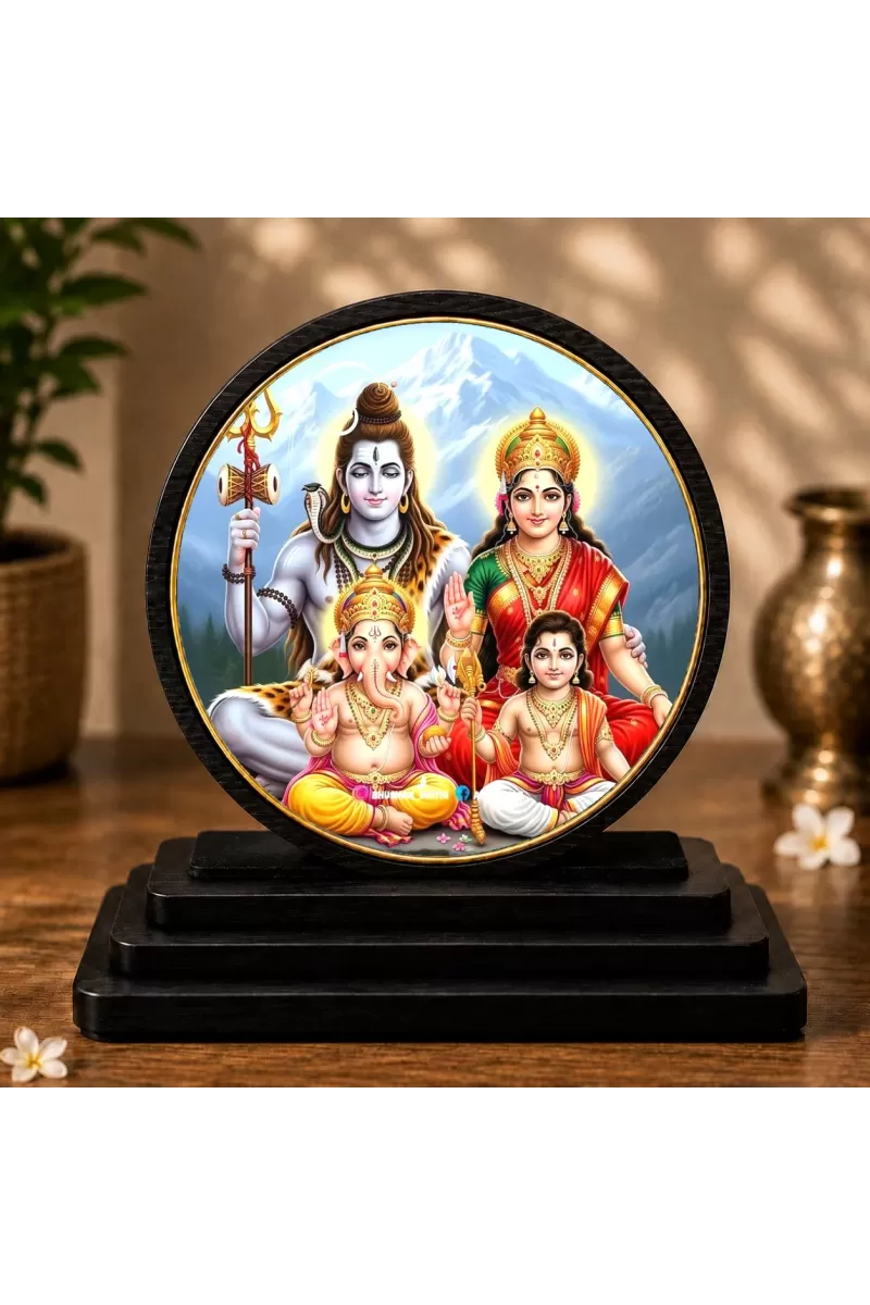 Premium Wooden Shiv Parivar Showpiece For Car Dashboard & Office Table | 4 X 4.5 Inch Sublimation Printed Decorative Stand | 4 Mm MDF | Home Decor | Made In India (F33479)