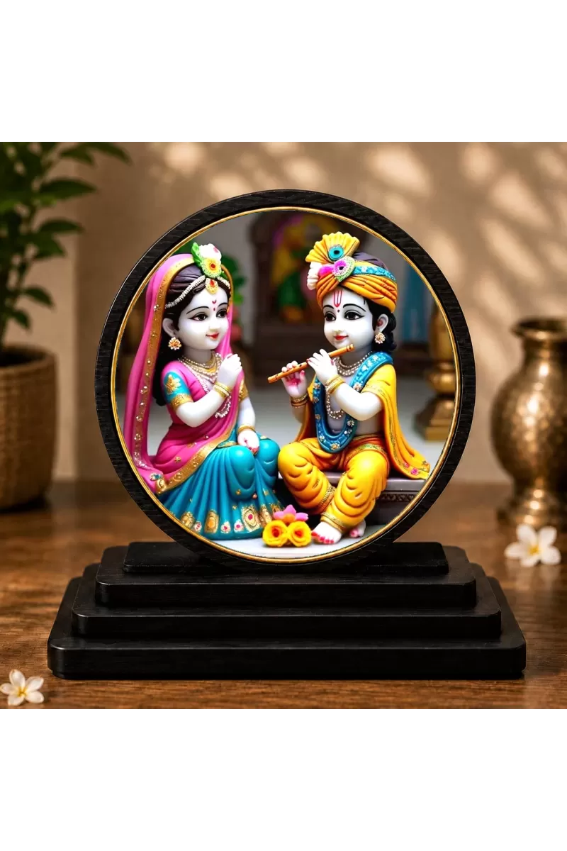 Premium Wooden  Radhe Krishna Showpiece For Car Dashboard & Office Table | 4 X 4.5 Inch Sublimation Printed Decorative Stand | 4 Mm MDF | Home Decor | Made In India (F33481)