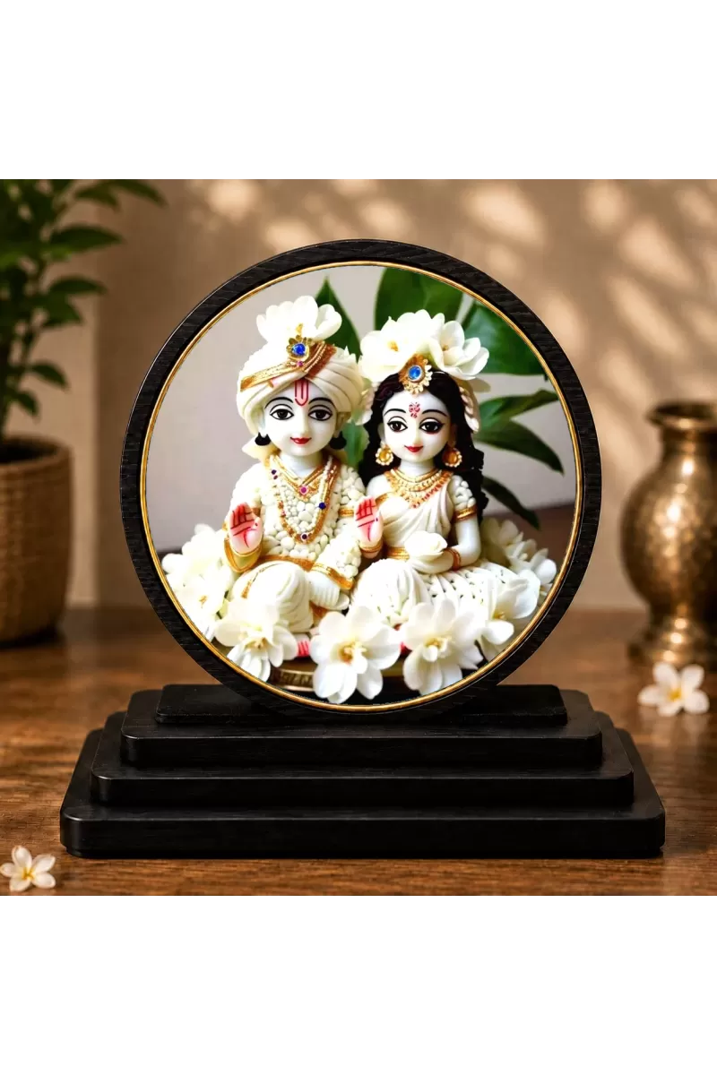 Premium Wooden  Radhe Krishna Showpiece For Car Dashboard & Office Table | 4 X 4.5 Inch Sublimation Printed Decorative Stand | 4 Mm MDF | Home Decor | Made In India (F33482)