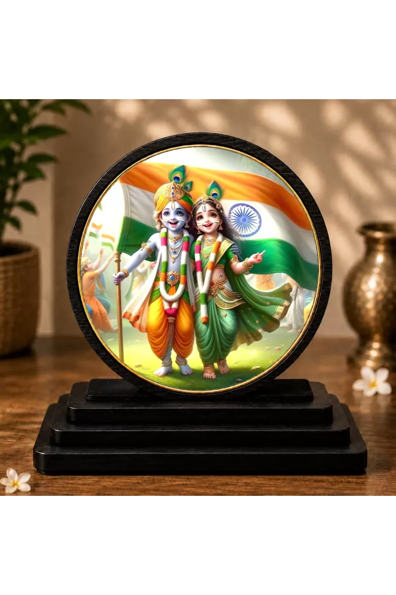 Premium Wooden  Radha Krishna Showpiece For Car Dashboard & Office Table | 4 X 4.5 Inch Sublimation Printed Decorative Stand | 4 Mm MDF | Home Decor | Made In India (F33484)