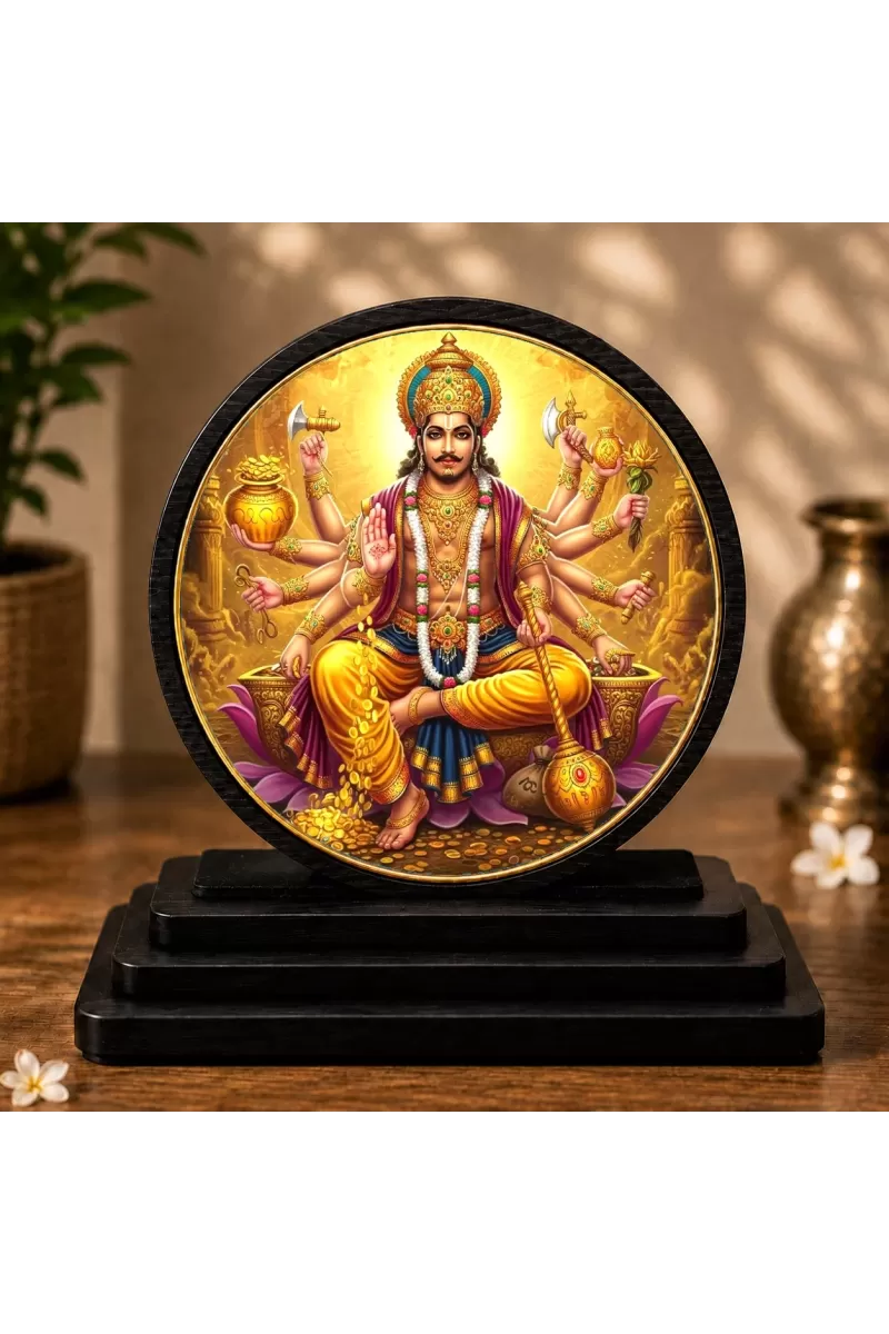 Premium Wooden  Lord Kubera Showpiece For Car Dashboard & Office Table | 4 X 4.5 Inch Sublimation Printed Decorative Stand | 4 Mm MDF | Home Decor | Made In India (F33489)