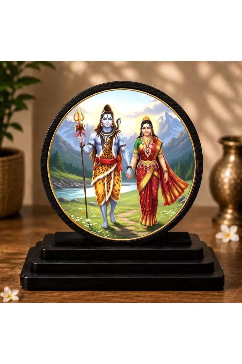 Premium Wooden  Shiva Parvati Showpiece For Car Dashboard & Office Table | 4 X 4.5 Inch Sublimation Printed Decorative Stand | 4 Mm MDF | Home Decor | Made In India (F33494)