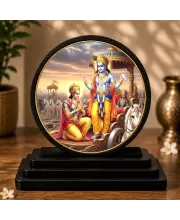 Premium Wooden  Lord Krishna And Arjuna Showpiece For Car Dashboard & Office Table | 4 X 4.5 Inch Sublimation Printed Decorative Stand | 4 Mm MDF | Home Decor | Made In India (F33495)