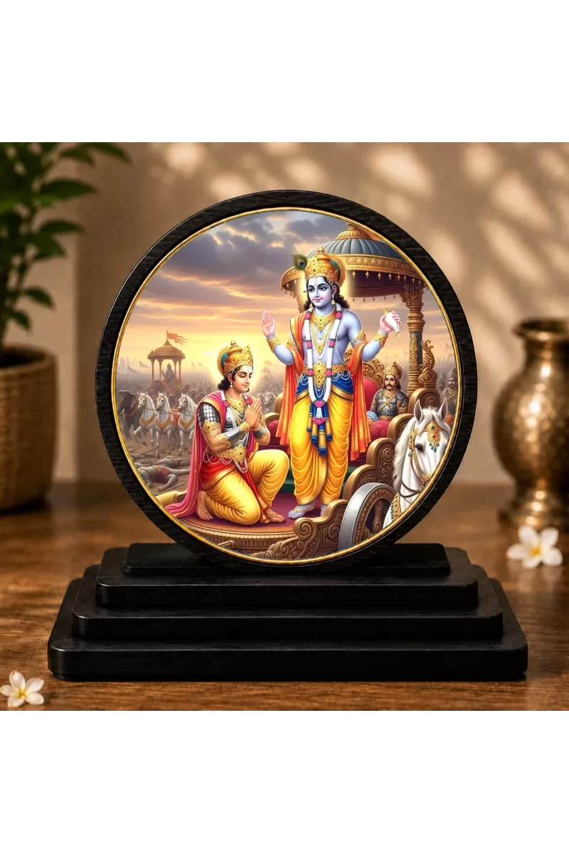 Premium Wooden  Lord Krishna And Arjuna Showpiece For Car Dashboard & Office Table | 4 X 4.5 Inch Sublimation Printed Decorative Stand | 4 Mm MDF | Home Decor | Made In India (F33495)