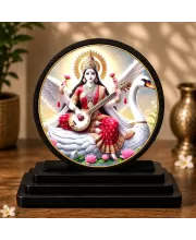 Premium Wooden Goddess Saraswati  Showpiece For Car Dashboard & Office Table | 4 X 4.5 Inch Sublimation Printed Decorative Stand | 4 Mm MDF | Home Decor | Made In India (F33499)