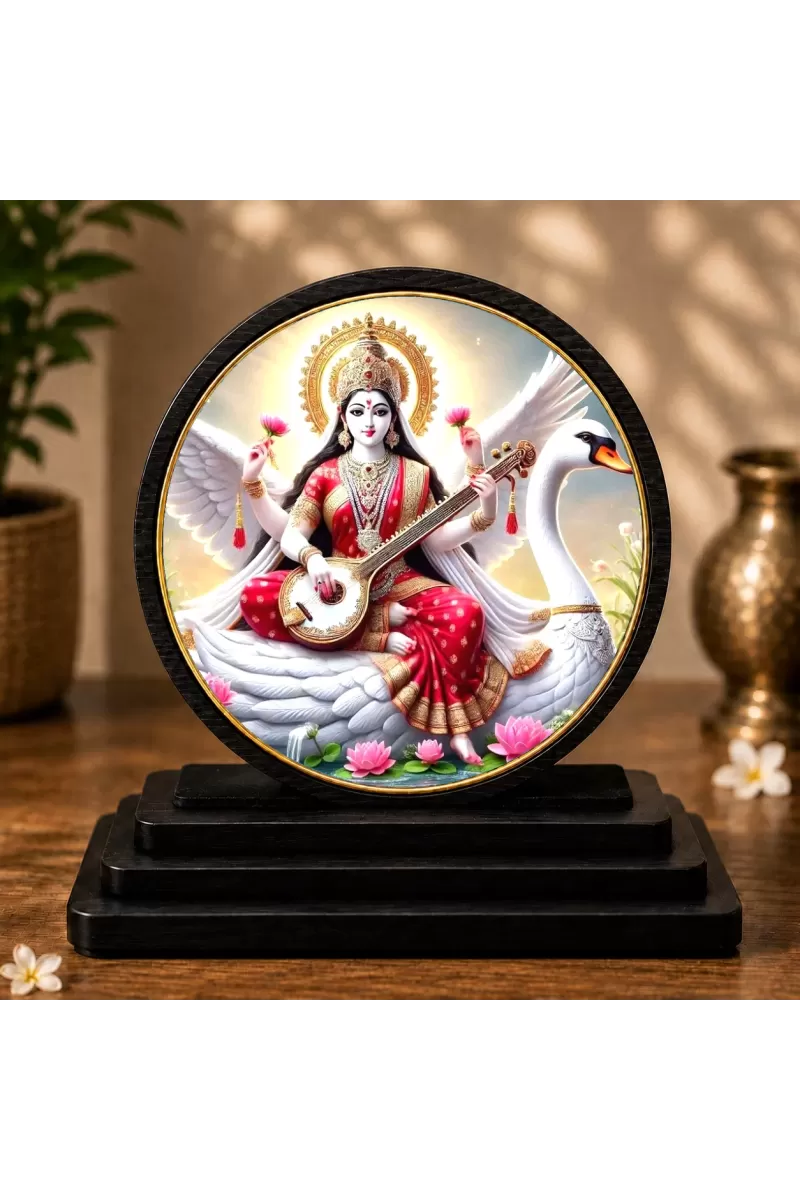 Premium Wooden Goddess Saraswati  Showpiece For Car Dashboard & Office Table | 4 X 4.5 Inch Sublimation Printed Decorative Stand | 4 Mm MDF | Home Decor | Made In India (F33499)