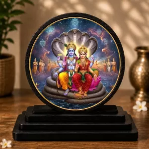 Premium Wooden Lord Laxmi Narayan Showpiece For Car Dashboard & Office Table | 4 X 4.5 Inch Sublimation Printed Decorative Stand | 4 Mm MDF | Home Decor | Made In India (F33500)