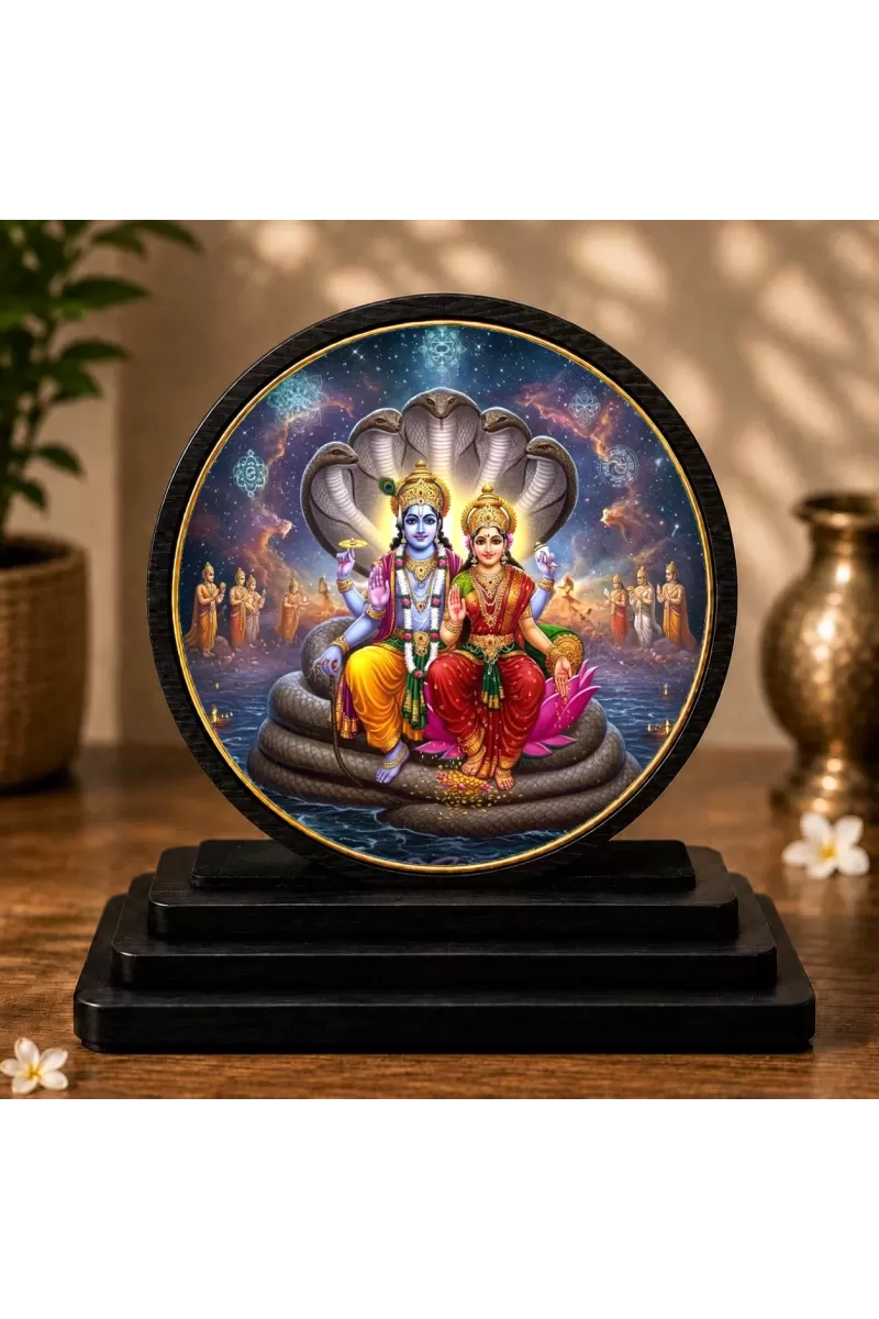 Premium Wooden Lord Laxmi Narayan Showpiece For Car Dashboard & Office Table | 4 X 4.5 Inch Sublimation Printed Decorative Stand | 4 Mm MDF | Home Decor | Made In India (F33500)