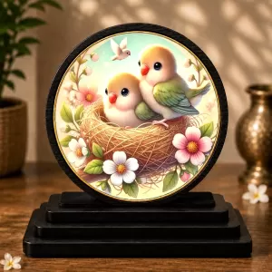 Premium Wooden Two Small Birds Showpiece For Car Dashboard & Office Table | 4 X 4.5 Inch Sublimation Printed Decorative Stand | 4 Mm MDF | Home Decor | Made In India (F33502)