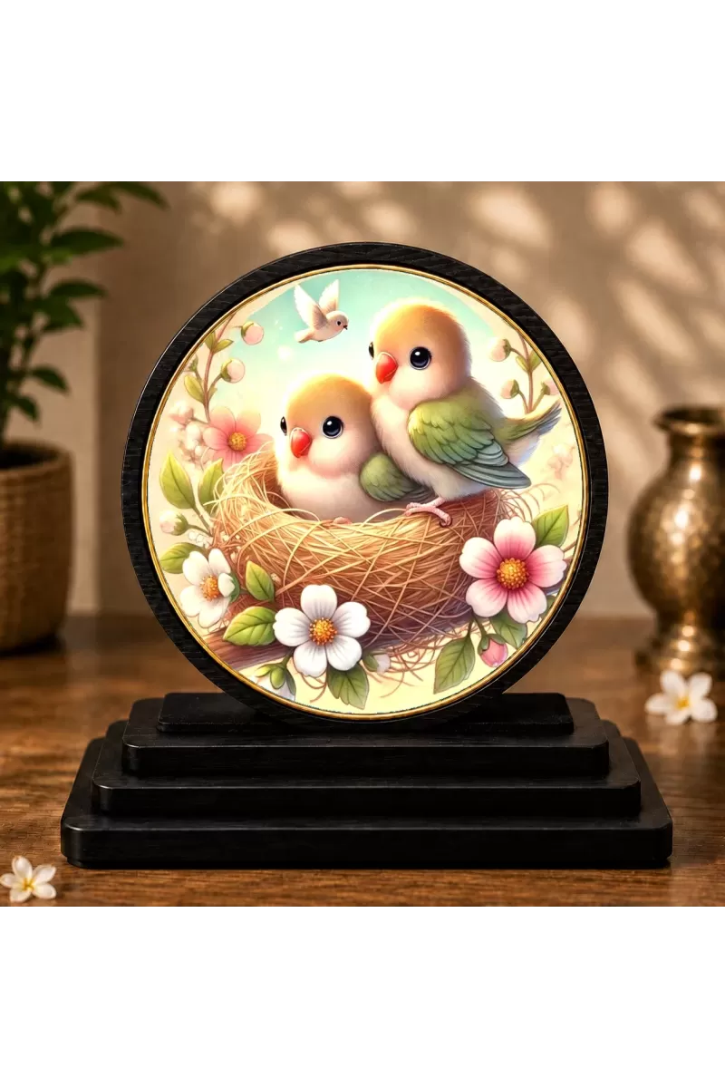 Premium Wooden Two Small Birds Showpiece For Car Dashboard & Office Table | 4 X 4.5 Inch Sublimation Printed Decorative Stand | 4 Mm MDF | Home Decor | Made In India (F33502)