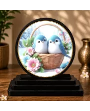 Premium Wooden Two Plush Blue Birds Showpiece For Car Dashboard & Office Table | 4 X 4.5 Inch Sublimation Printed Decorative Stand | 4 Mm MDF | Home Decor | Made In India (F33503)