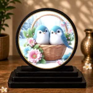 Premium Wooden Two Plush Blue Birds Showpiece For Car Dashboard & Office Table | 4 X 4.5 Inch Sublimation Printed Decorative Stand | 4 Mm MDF | Home Decor | Made In India (F33503)
