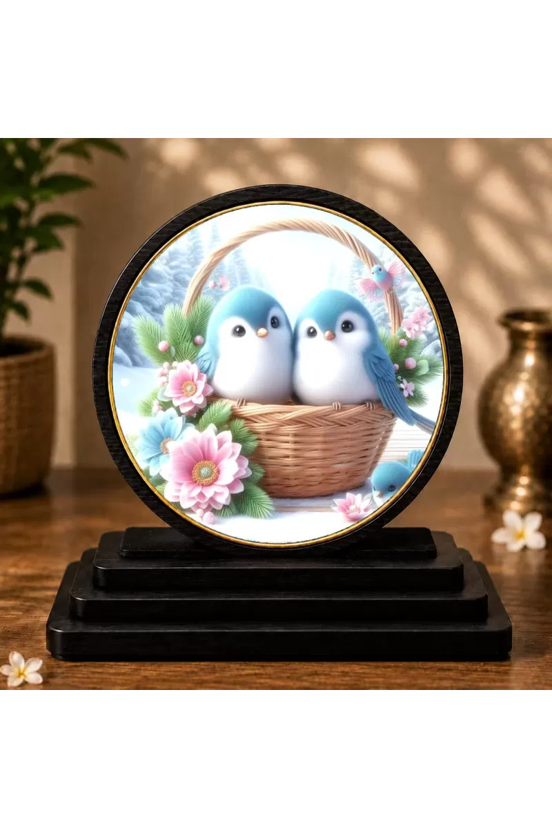 Premium Wooden Two Plush Blue Birds Showpiece For Car Dashboard & Office Table | 4 X 4.5 Inch Sublimation Printed Decorative Stand | 4 Mm MDF | Home Decor | Made In India (F33503)