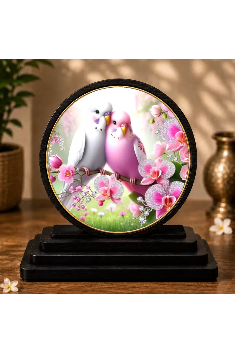 Premium Wooden Lovebirds Showpiece For Car Dashboard & Office Table | 4 X 4.5 Inch Sublimation Printed Decorative Stand | 4 Mm MDF | Home Decor | Made In India (F33504)