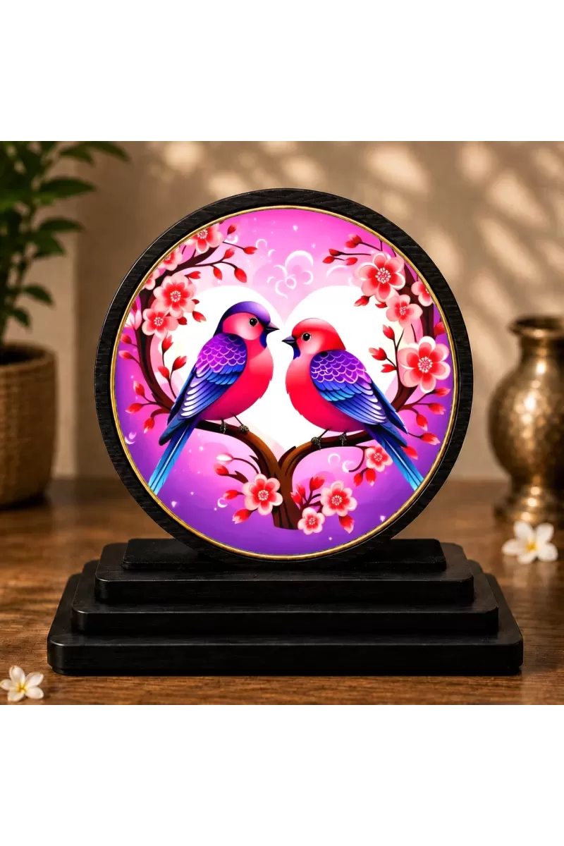 Premium Wooden Pink And Purple Birds Showpiece For Car Dashboard & Office Table | 4 X 4.5 Inch Sublimation Printed Decorative Stand | 4 Mm MDF | Home Decor | Made In India (F33506)