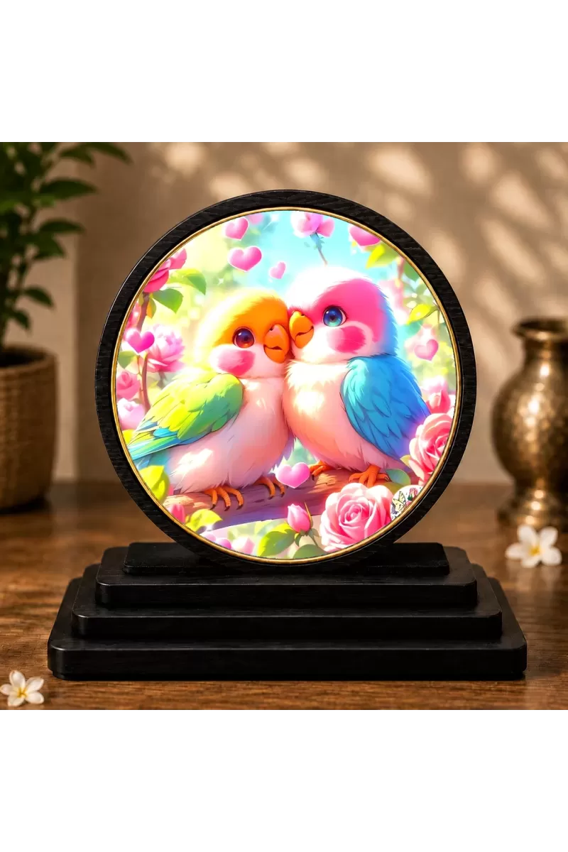 Premium Wooden Love Birds Showpiece For Car Dashboard & Office Table | 4 X 4.5 Inch Sublimation Printed Decorative Stand | 4 Mm MDF | Home Decor | Made In India (F33507)