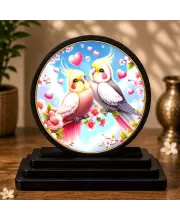 Premium Wooden Two Cockatiel Birds Showpiece For Car Dashboard & Office Table | 4 X 4.5 Inch Sublimation Printed Decorative Stand | 4 Mm MDF | Home Decor | Made In India (F33508)