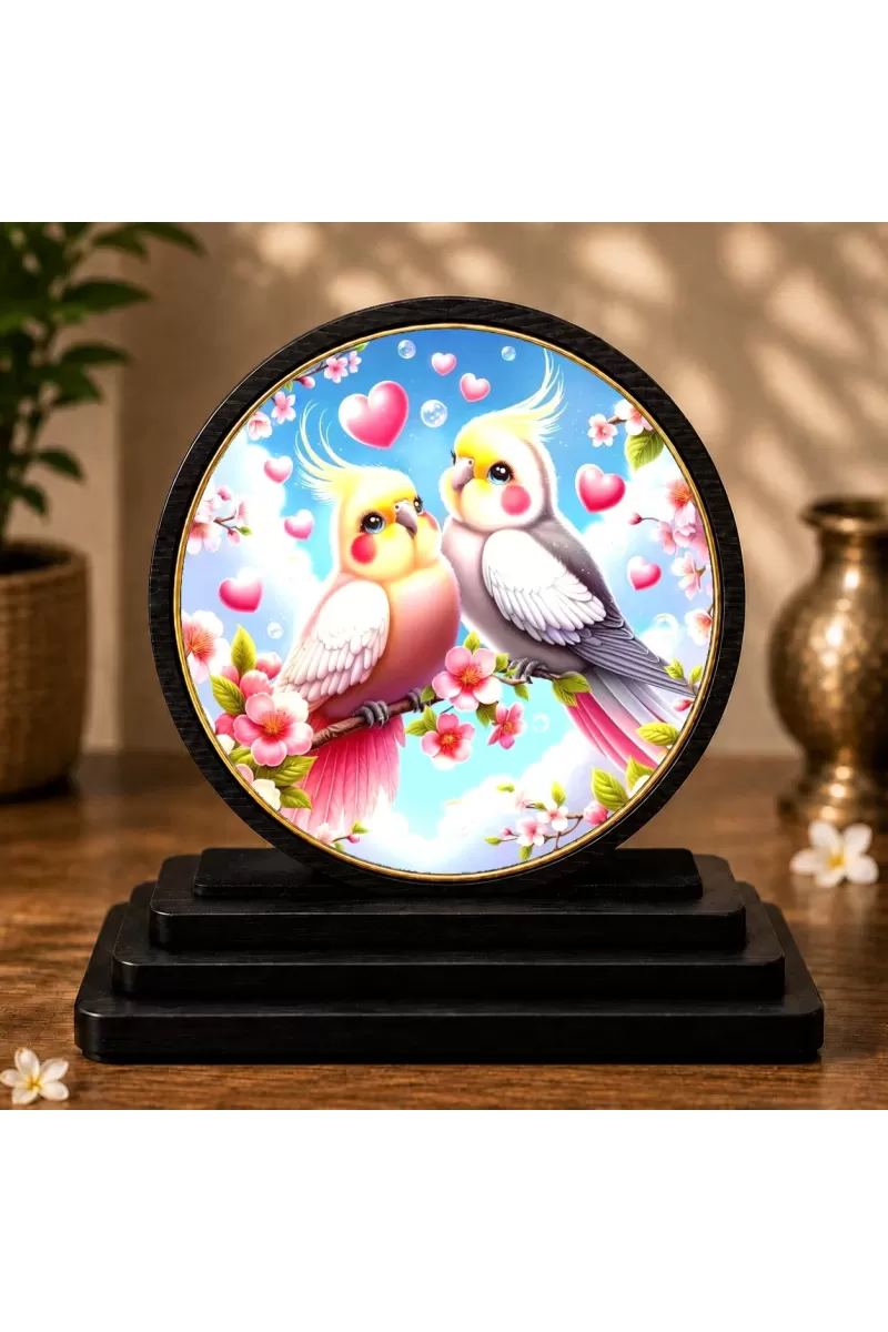 Premium Wooden Two Cockatiel Birds Showpiece For Car Dashboard & Office Table | 4 X 4.5 Inch Sublimation Printed Decorative Stand | 4 Mm MDF | Home Decor | Made In India (F33508)