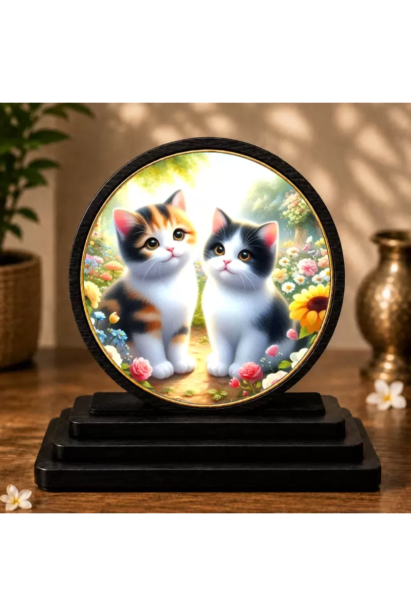 Premium Wooden Kitten Art Showpiece For Car Dashboard & Office Table | 4 X 4.5 Inch Sublimation Printed Decorative Stand | 4 Mm MDF | Home Decor | Made In India (F33511)