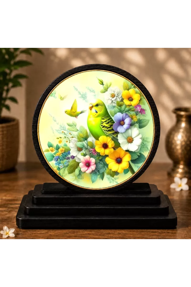 Premium Wooden Small Yellow Bird Showpiece For Car Dashboard & Office Table | 4 X 4.5 Inch Sublimation Printed Decorative Stand | 4 Mm MDF | Home Decor | Made In India (F33513)