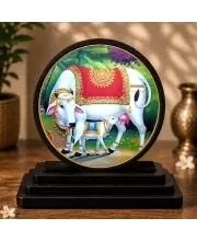 Premium Wooden Kamdhenu Cow And Calf Showpiece For Car Dashboard & Office Table | 4 X 4.5 Inch Sublimation Printed Decorative Stand | 4 Mm MDF | Home Decor | Made In India (F33515)