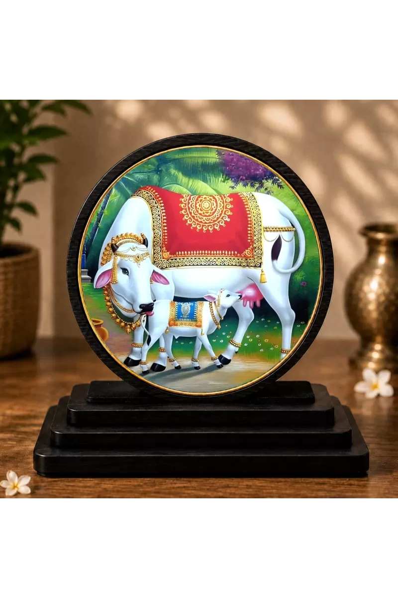 Premium Wooden Kamdhenu Cow And Calf Showpiece For Car Dashboard & Office Table | 4 X 4.5 Inch Sublimation Printed Decorative Stand | 4 Mm MDF | Home Decor | Made In India (F33515)