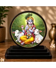 Premium Wooden Lord Krishna Showpiece For Car Dashboard & Office Table | 4 X 4.5 Inch Sublimation Printed Decorative Stand | 4 Mm MDF | Home Decor | Made In India (F33516)