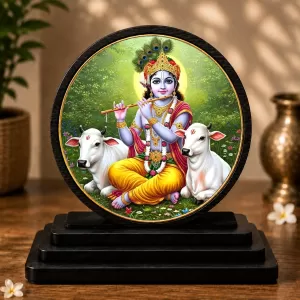 Premium Wooden Lord Krishna Showpiece For Car Dashboard & Office Table | 4 X 4.5 Inch Sublimation Printed Decorative Stand | 4 Mm MDF | Home Decor | Made In India (F33516)