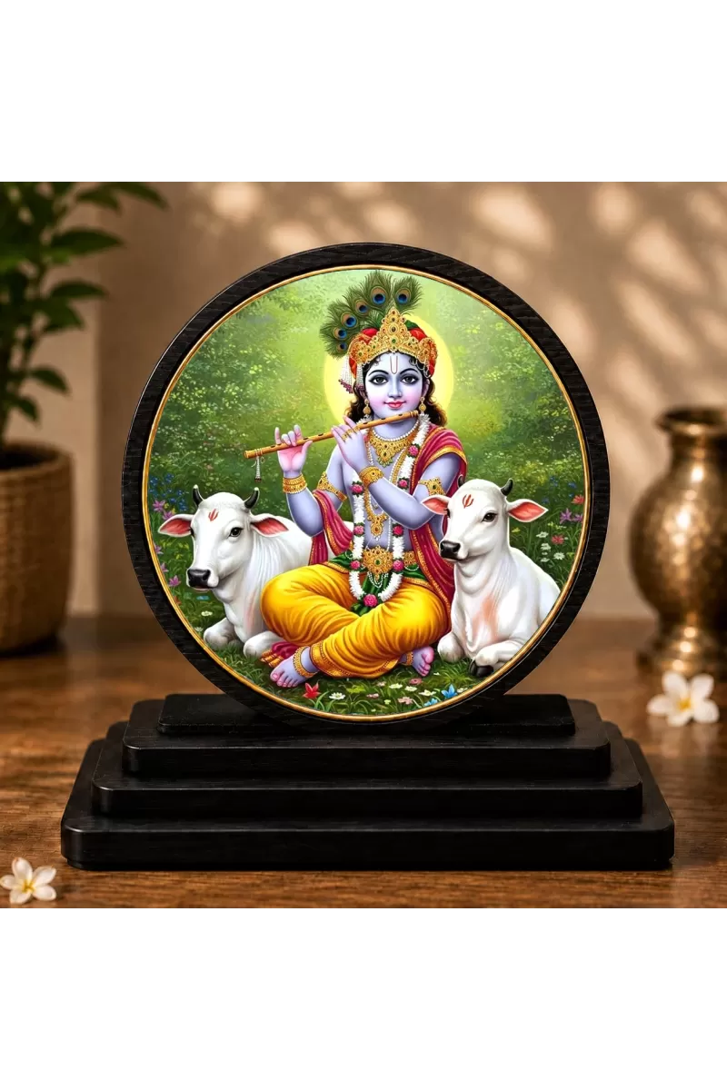 Premium Wooden Lord Krishna Showpiece For Car Dashboard & Office Table | 4 X 4.5 Inch Sublimation Printed Decorative Stand | 4 Mm MDF | Home Decor | Made In India (F33516)