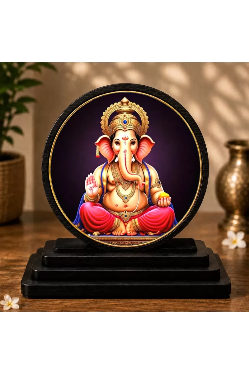 Premium Wooden Lord Ganesha Showpiece For Car Dashboard & Office Table | 4 X 4.5 Inch Sublimation Printed Decorative Stand | 4 Mm MDF | Home Decor | Made In India (F33520)