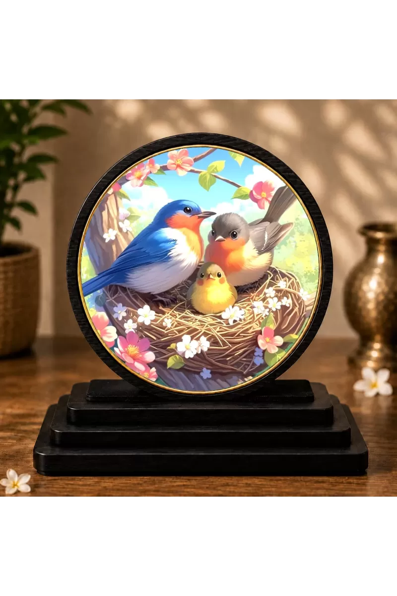 Premium Wooden Birds In A Nest Showpiece For Car Dashboard & Office Table | 4 X 4.5 Inch Sublimation Printed Decorative Stand | 4 Mm MDF | Home Decor | Made In India (F33523)