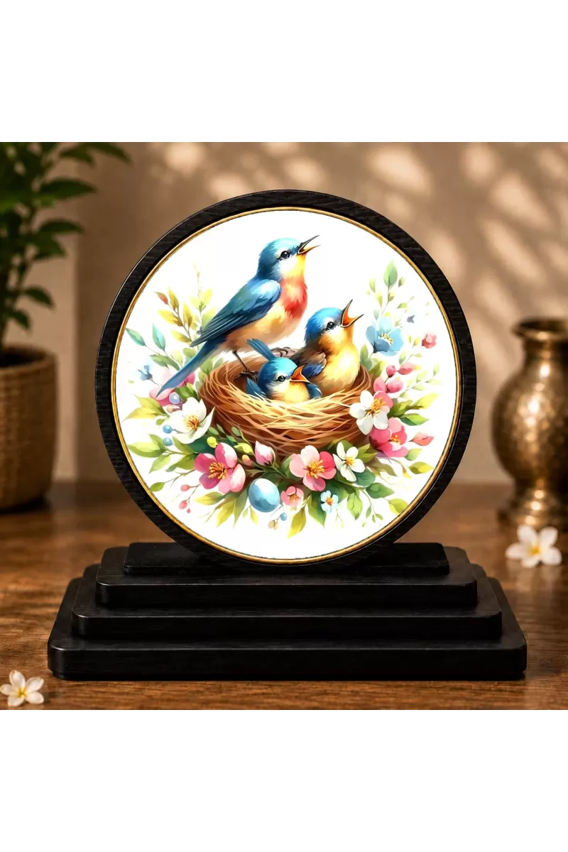 Premium Wooden Vibrant Bird And Nest Showpiece For Car Dashboard & Office Table | 4 X 4.5 Inch Sublimation Printed Decorative Stand | 4 Mm MDF | Home Decor | Made In India (F33524)