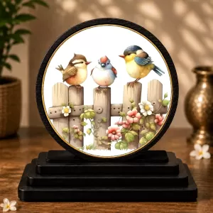Premium Wooden  Three Colorful Birds Showpiece For Car Dashboard & Office Table | 4 X 4.5 Inch Sublimation Printed Decorative Stand | 4 Mm MDF | Home Decor | Made In India (F33525)