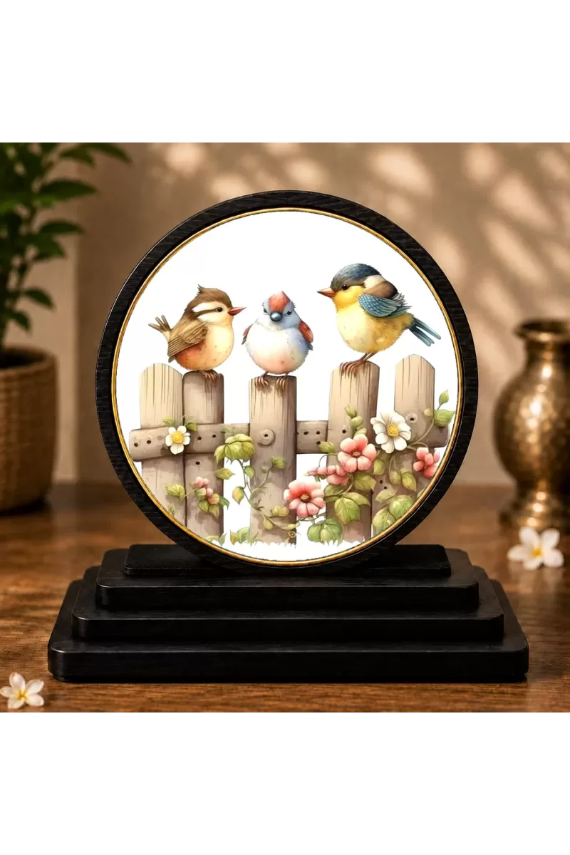 Premium Wooden  Three Colorful Birds Showpiece For Car Dashboard & Office Table | 4 X 4.5 Inch Sublimation Printed Decorative Stand | 4 Mm MDF | Home Decor | Made In India (F33525)