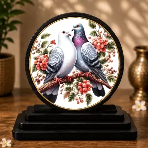 Premium Wooden Two Pigeon Showpiece For Car Dashboard & Office Table | 4 X 4.5 Inch Sublimation Printed Decorative Stand | 4 Mm MDF | Home Decor | Made In India (F33526)