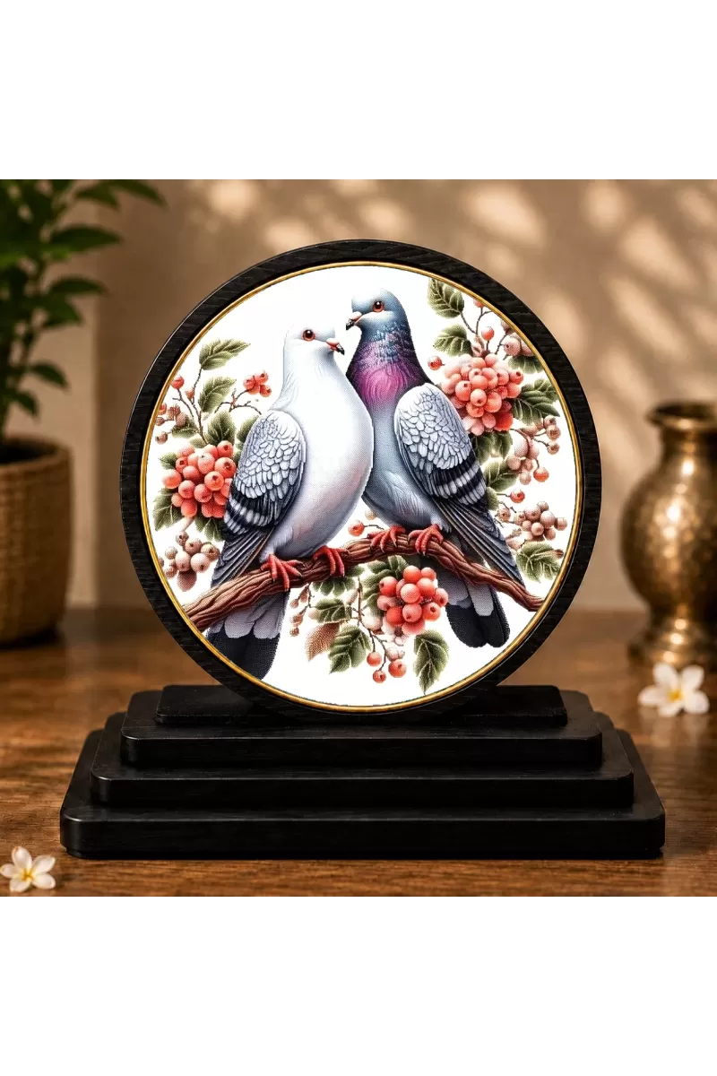 Premium Wooden Two Pigeon Showpiece For Car Dashboard & Office Table | 4 X 4.5 Inch Sublimation Printed Decorative Stand | 4 Mm MDF | Home Decor | Made In India (F33526)