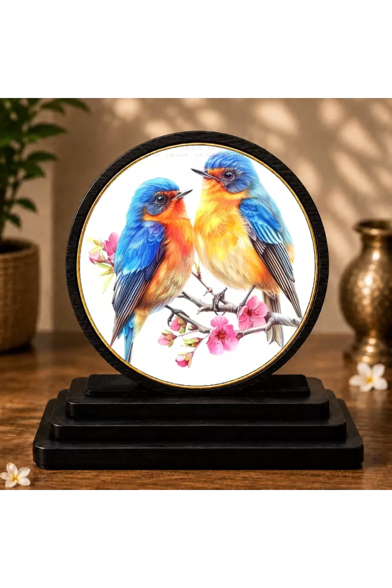 Premium Wooden  Blue Birds Showpiece For Car Dashboard & Office Table | 4 X 4.5 Inch Sublimation Printed Decorative Stand | 4 Mm MDF | Home Decor | Made In India (F33532)