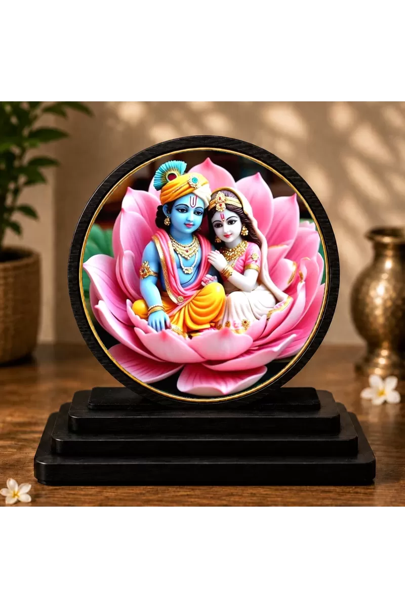 Premium Wooden  Radha Krishna Showpiece For Car Dashboard & Office Table | 4 X 4.5 Inch Sublimation Printed Decorative Stand | 4 Mm MDF | Home Decor | Made In India (F33535)