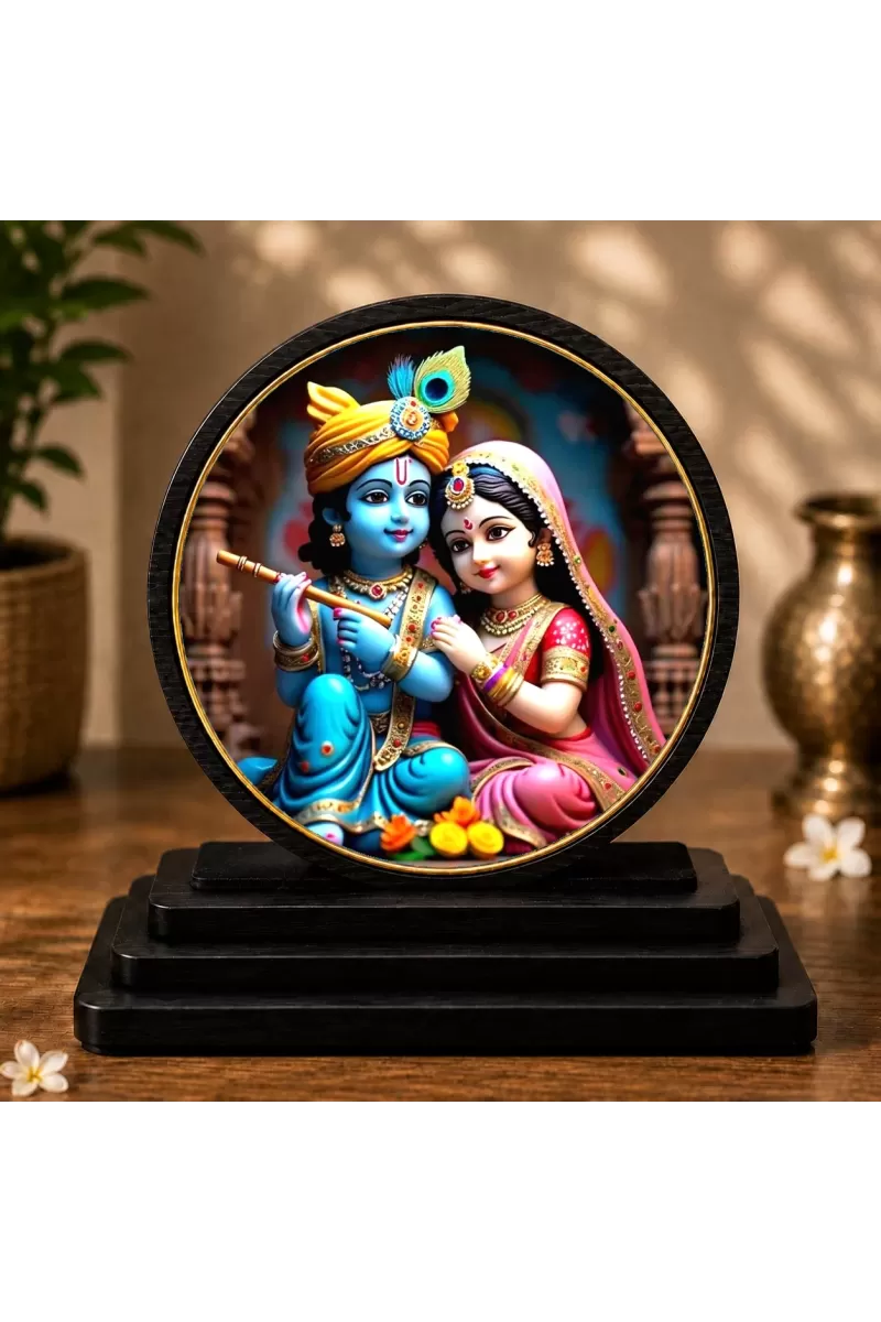Premium Wooden  Lord Radhe Krishna Showpiece For Car Dashboard & Office Table | 4 X 4.5 Inch Sublimation Printed Decorative Stand | 4 Mm MDF | Home Decor | Made In India (F33536)